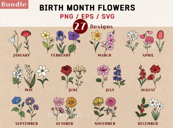 Birth Flowers Vector Bundle Clipart