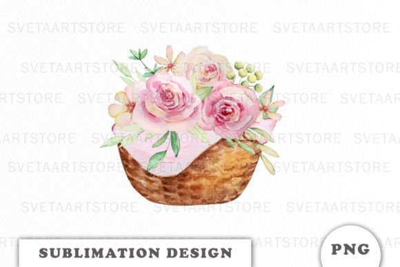 Watercolor Spring Basket with Flowers